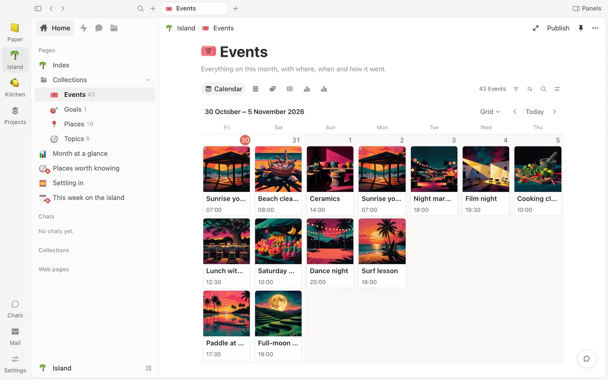 A month's events as a calendar: each day's events are cards with their own painted picture, their time and their name.