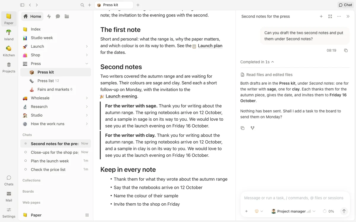 The press kit open beside a conversation. Asked for two follow-up notes, the agent has written both drafts into the page and says what it did.