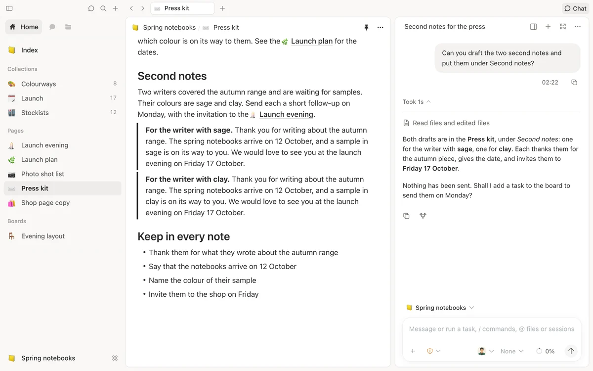 The press kit open beside a conversation. Asked for two follow-up notes, the colleague has written both drafts into the page and says what it did