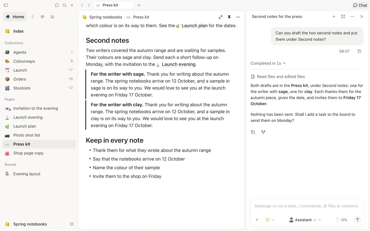 The press kit open beside a conversation. Asked for two follow-up notes, the colleague has written both drafts into the page and says what it did