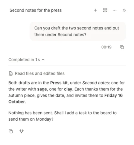 A conversation: asked to draft two notes into the press kit, the agent reports that both drafts are in place and that nothing has been sent