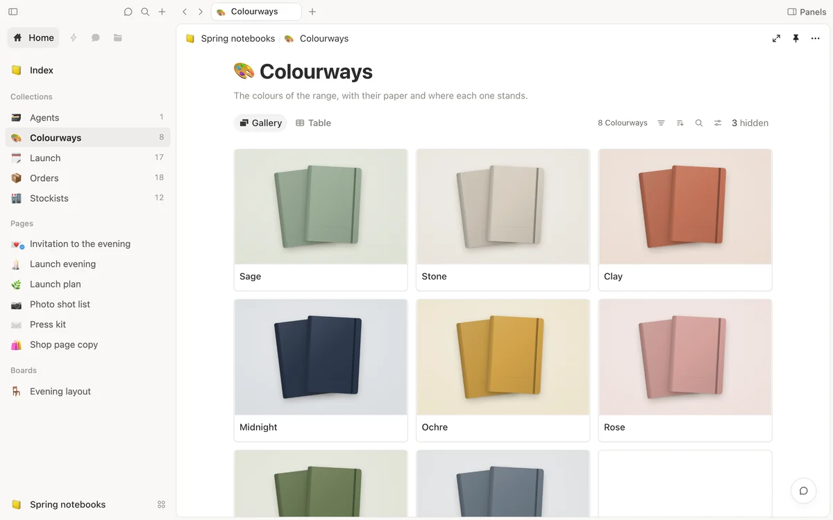 Eight notebook colours as a gallery of pictures: sage, stone, clay, midnight, ochre, rose, moss and slate