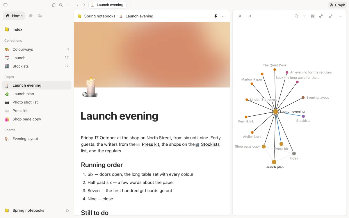 The launch evening page beside a map of its links: the shops, tasks and pages that point to it, with lists of the links out and the links in