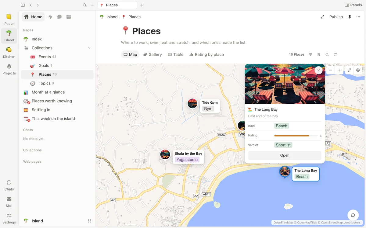 The same kind of list as a map: places as pins with their pictures, nearby places grouped, and one place open as a card with its picture, its kind and its verdict.