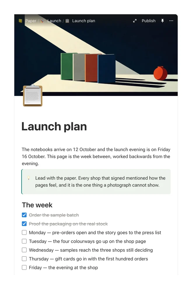 The launch plan as Shtukbase draws it: a cover picture, its icon and title, a note, and the week as a checklist