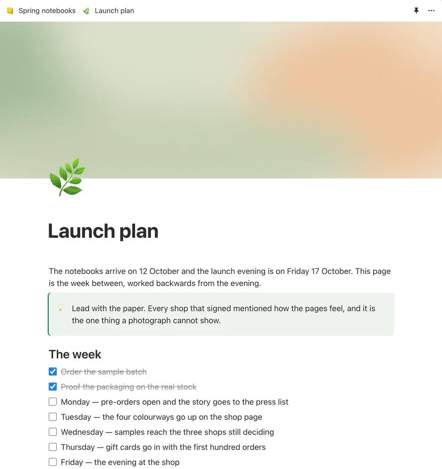 The launch plan as Shtukbase draws it: its cover, its icon and title, a note, and the week as a checklist