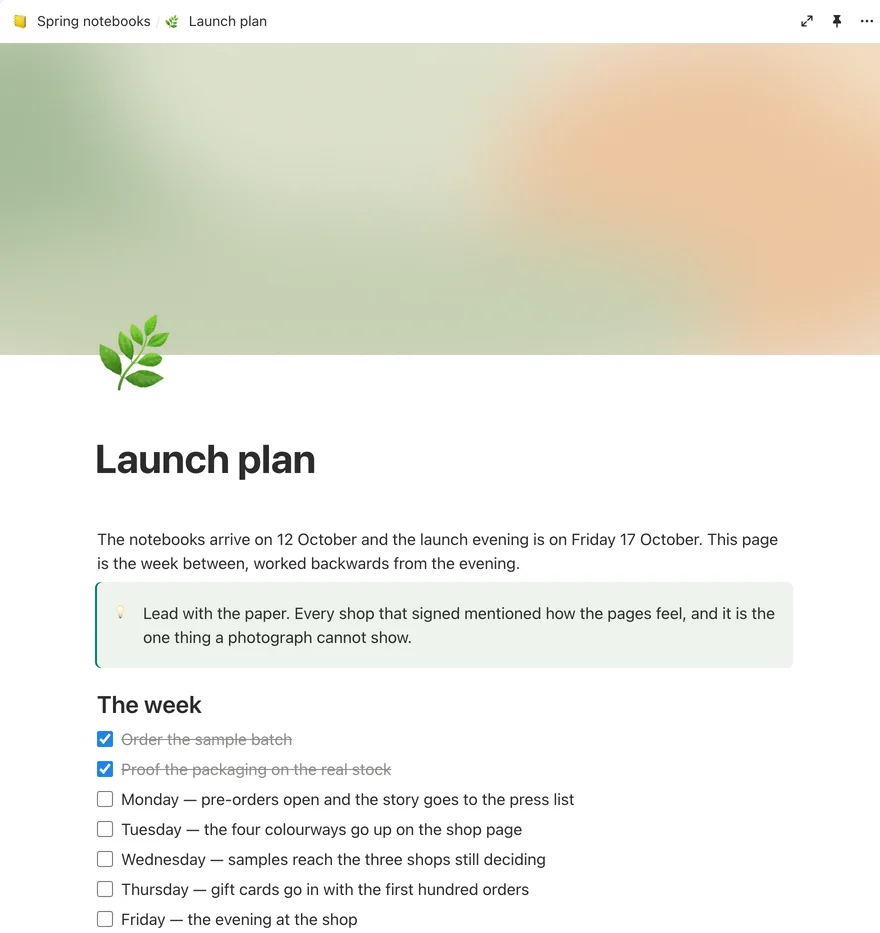 The launch plan as Shtukbase draws it: its cover, its icon and title, a note, and the week as a checklist