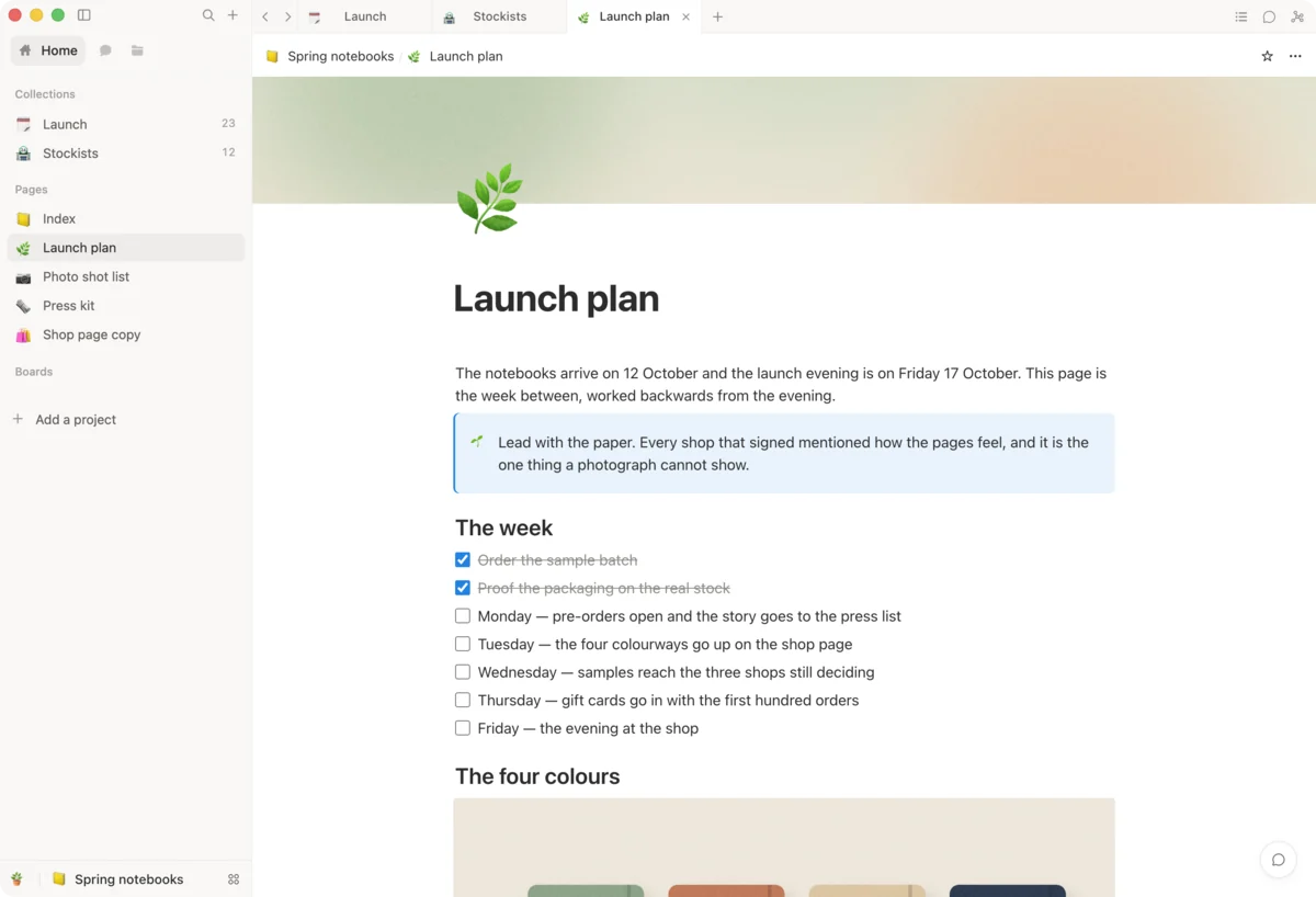 A launch plan written as a page, with a cover, a note, a checklist for the week and a picture of the four notebook colours