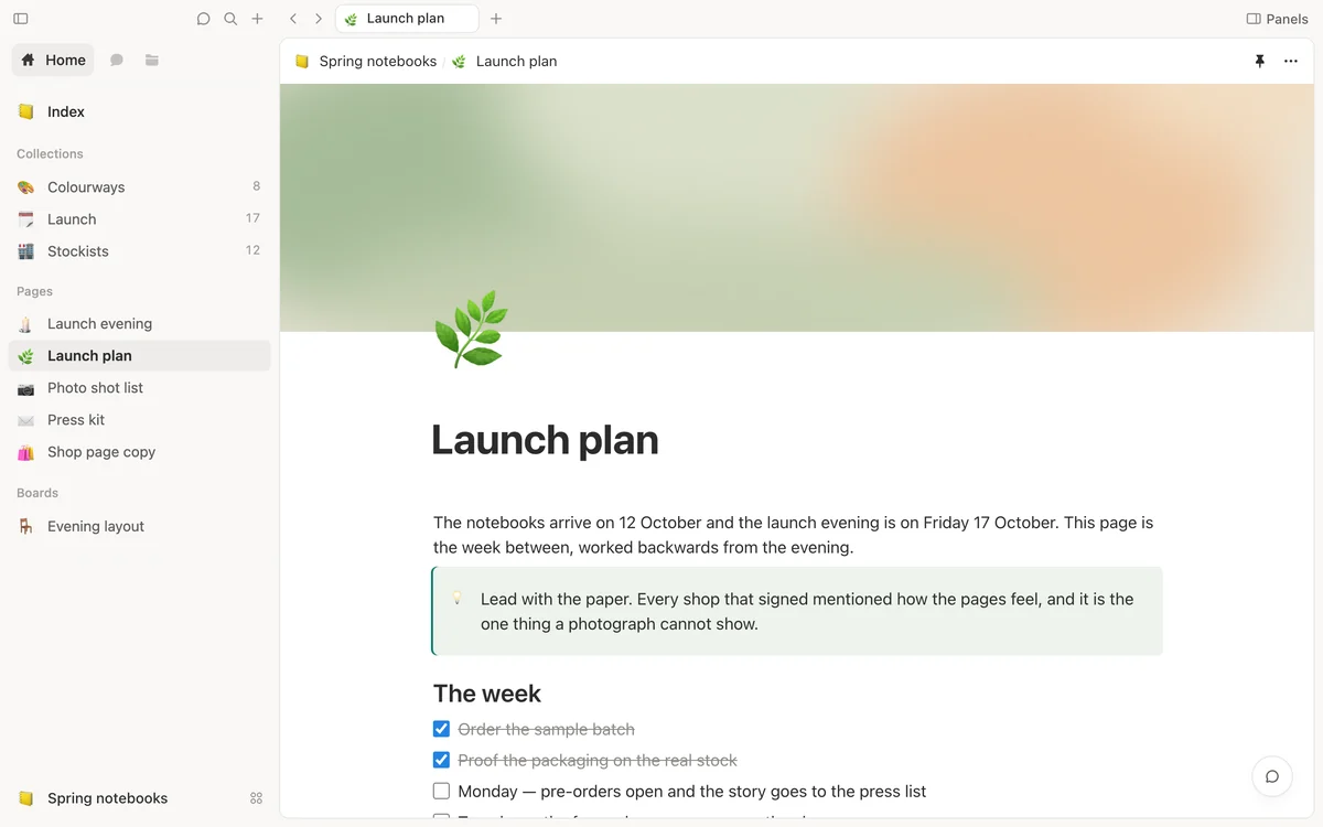 The launch plan for a range of notebooks, open in Shtukbase: a soft green cover, a note to lead with the paper, and the week before the launch evening as a checklist