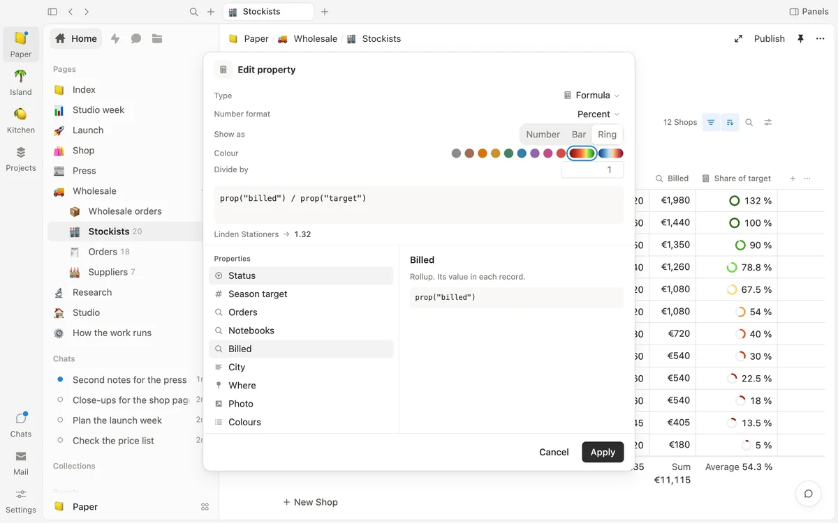 The property dialog of a Share of target column: its formula divides what the shop has been billed by its target, shown as a percent ring in a palette from red to green, with a one-row preview, the list of properties and the formula's description.