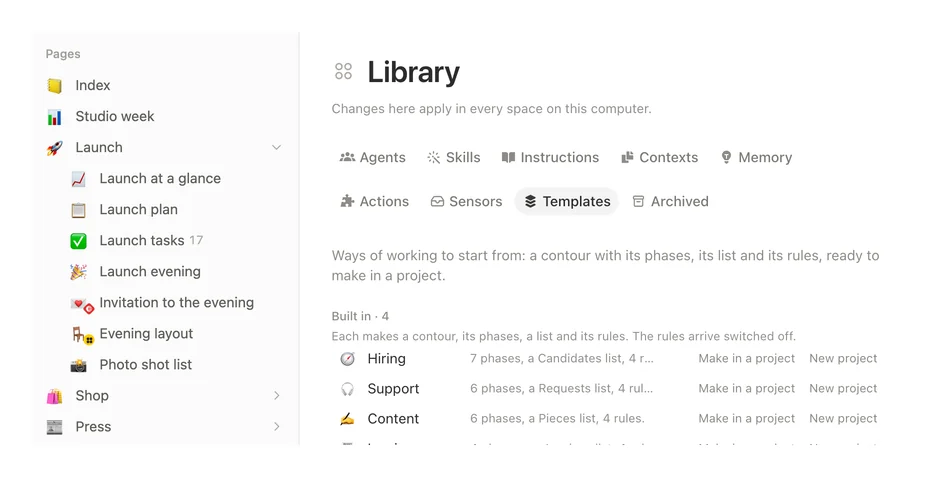 The Library's templates: Hiring, Support, Content and Invoices, each with its phases, its list and its rules, and two ways to make it, in a project or as a new project.