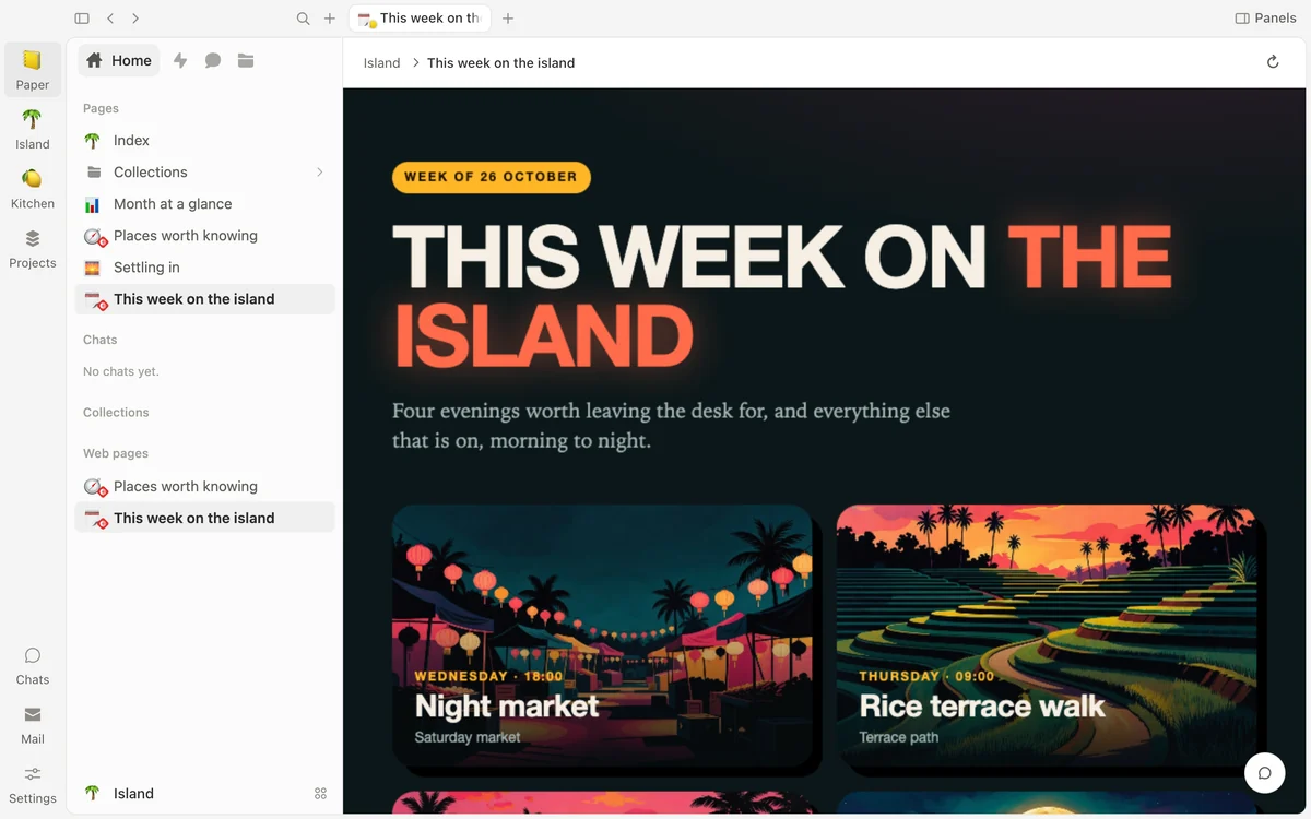 A weekly guide kept as a web page: a night-poster headline, This week on the island, and event cards with their painted pictures.