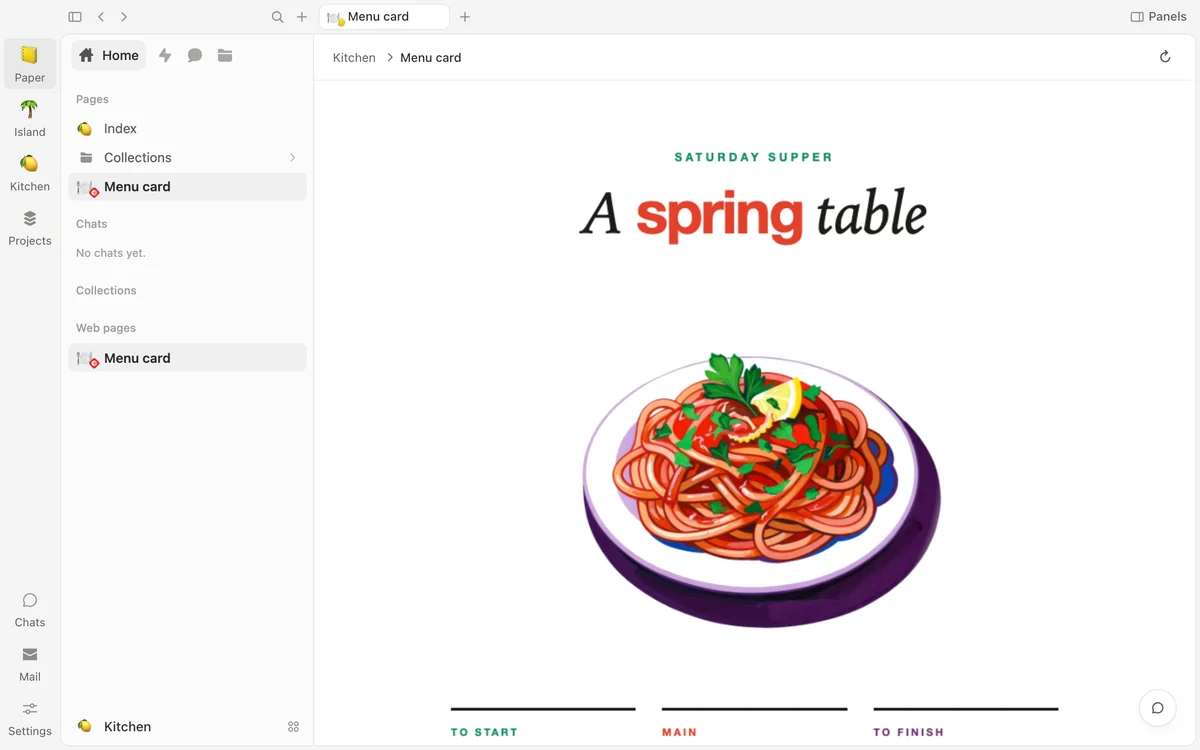 A printed menu card kept as a web page: A spring table, one large painted dish and three courses, on white.