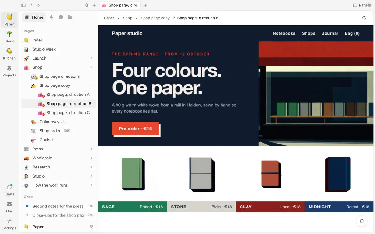 A web page kept in the project, opened as a page in Shtukbase: the shop page's second direction, a dark poster-like page headed Four colours. One paper., with four notebooks and their prices.